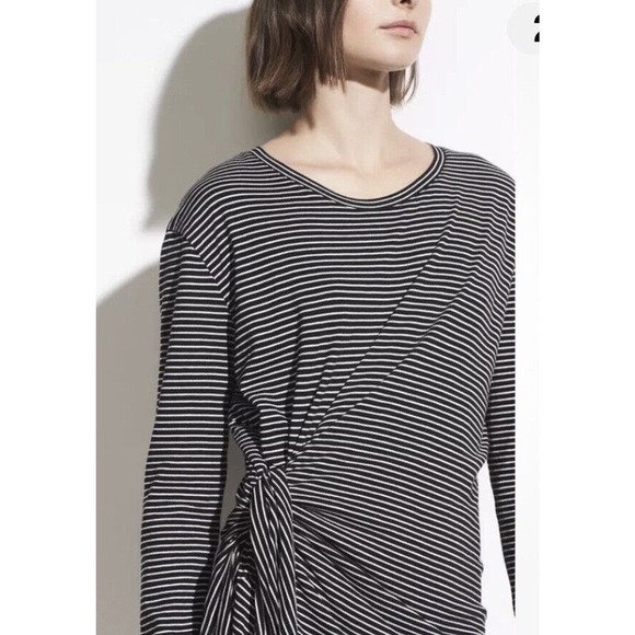 Vince Women L Dress Striped Wrap Long Sleeve Black White Round Neck Lined Knee - Picture 3 of 16